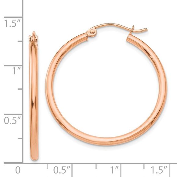 2mm, 14k Rose Gold Polished Round Hoop Earrings, 30mm (1 1/8 Inch) - Picture 3 of 4